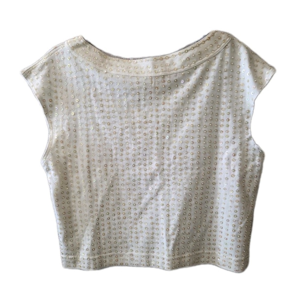 Women's Ivory Sequin Embellished Crop Top Short Sleeve Party Blouse Small